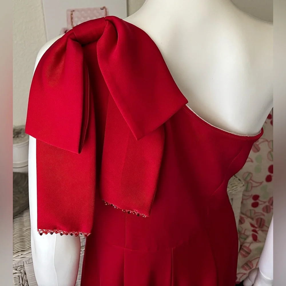 Gal Meets Glam Carmen One Shoulder Jumpsuit Large Red Bow Wide Gaucho Leg Size 4